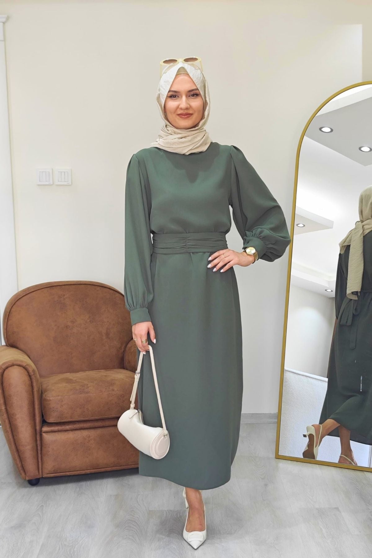 Narin Krep Tesettür Elbise - Çağla Rengi
