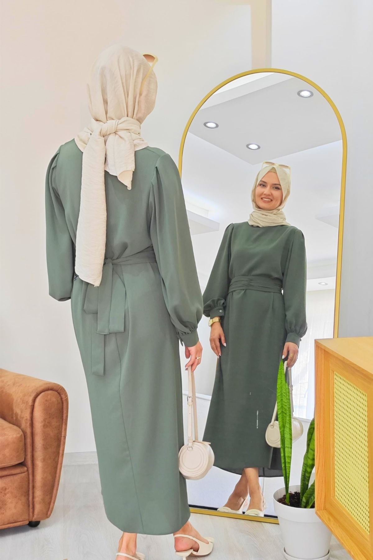 Narin Krep Tesettür Elbise - Çağla Rengi