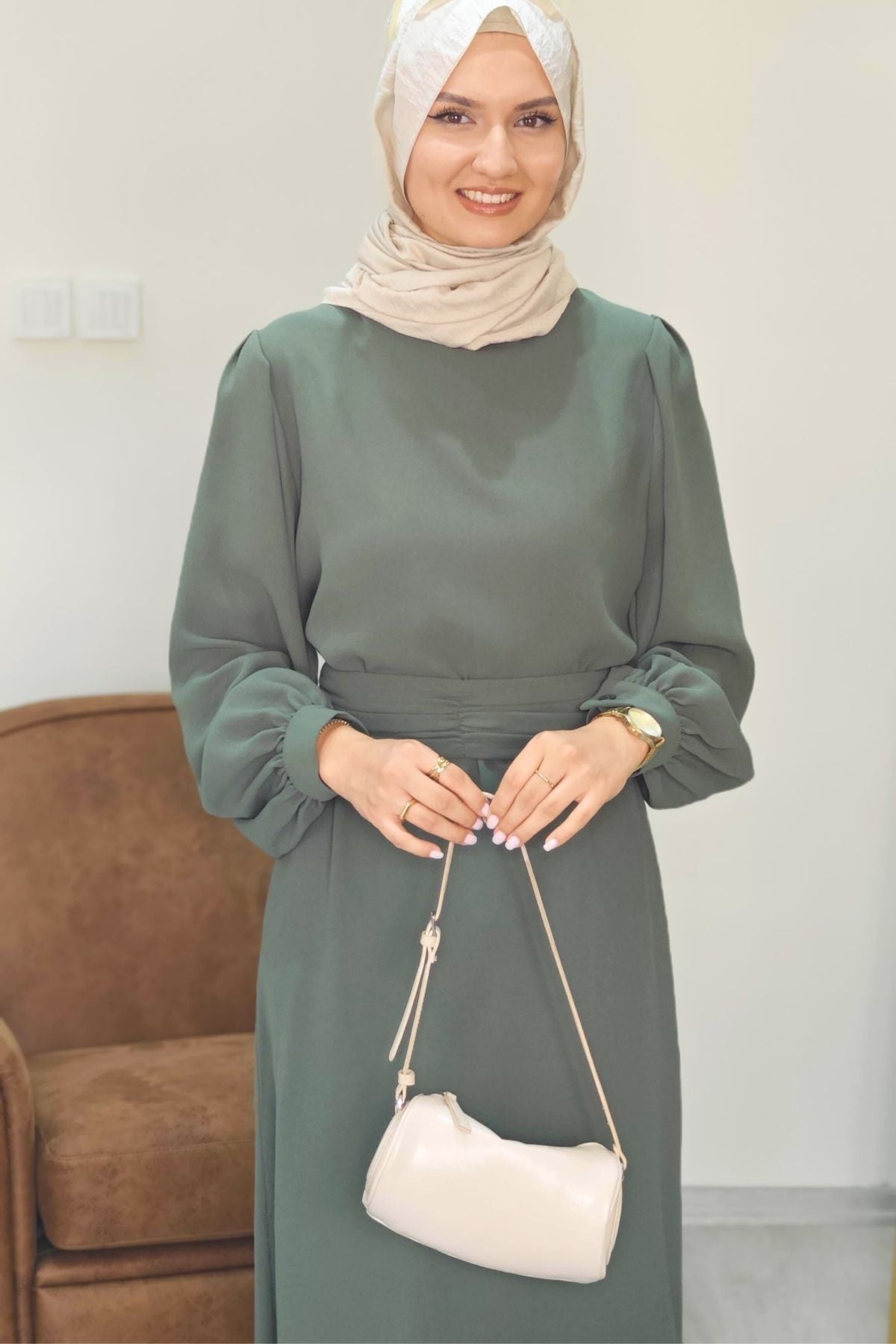 Narin Krep Tesettür Elbise - Çağla Rengi