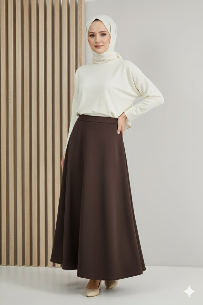 Beli Lastikli Scuba Kloş Etek Acı Kahve