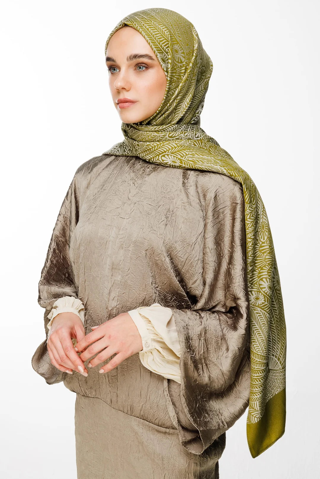 Mayra Desen Çift Taraflı Şal Yağ Yeşili - Ekru