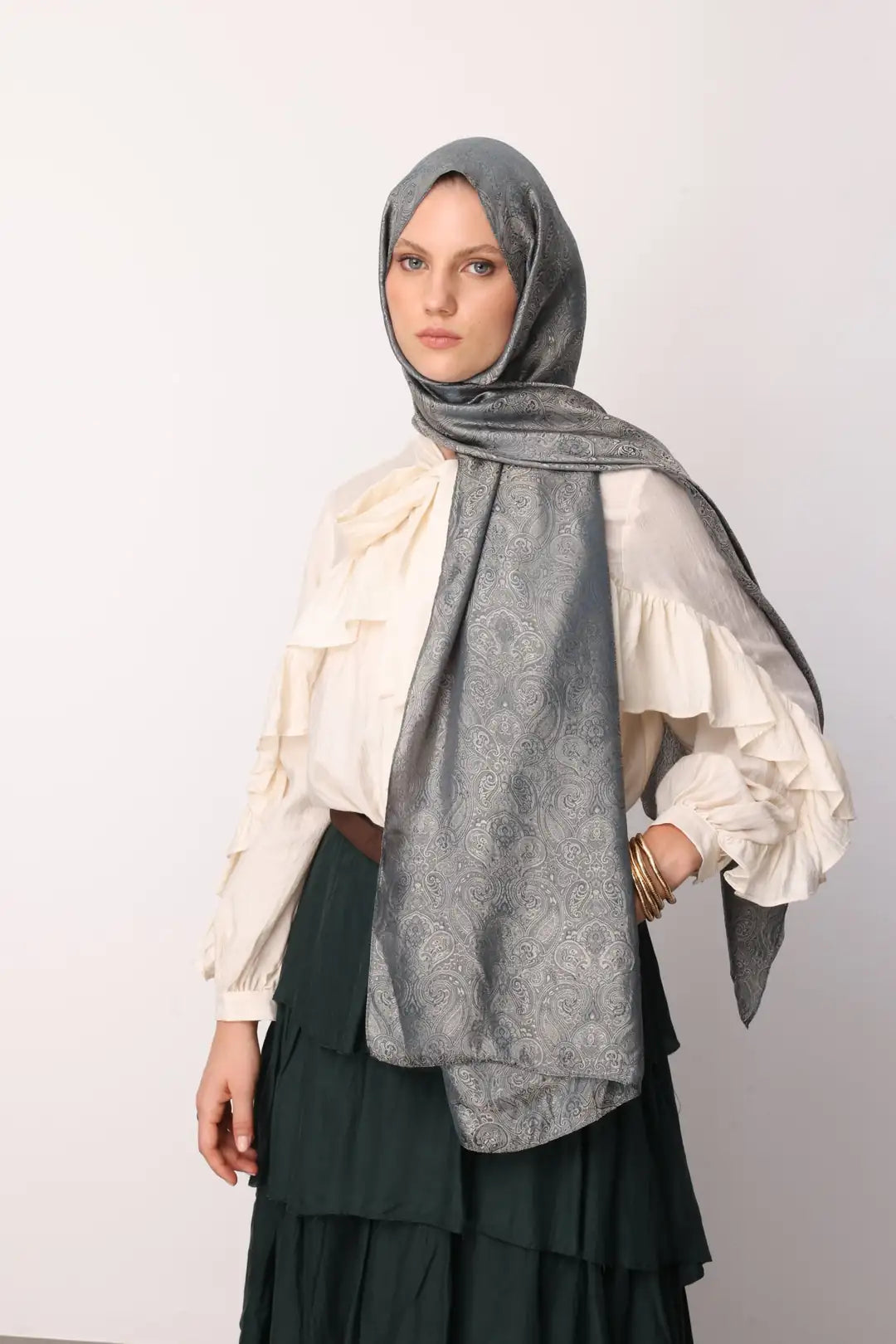 Moren Desen Shine Line Şal Petrol Mavisi - Bej