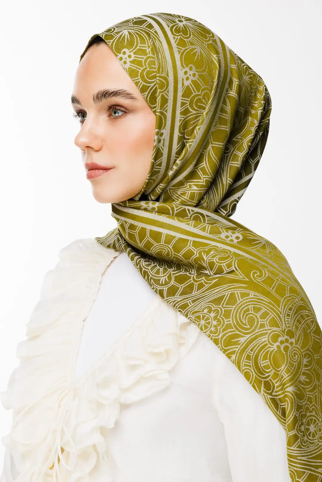 Lavin Desen Çift Taraflı Şal Yağ Yeşili - Ekru