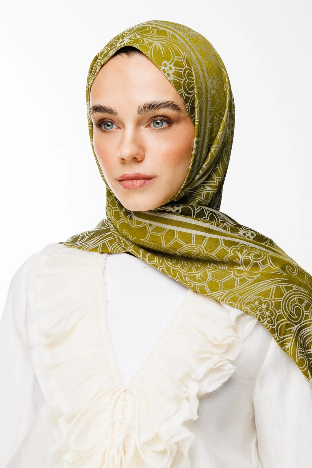 Lavin Desen Çift Taraflı Şal Yağ Yeşili - Ekru
