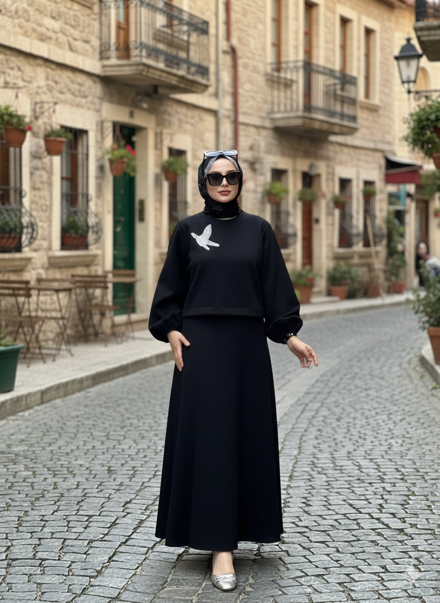 Balon Kollu Kuş Detaylı Scuba Takım Siyah