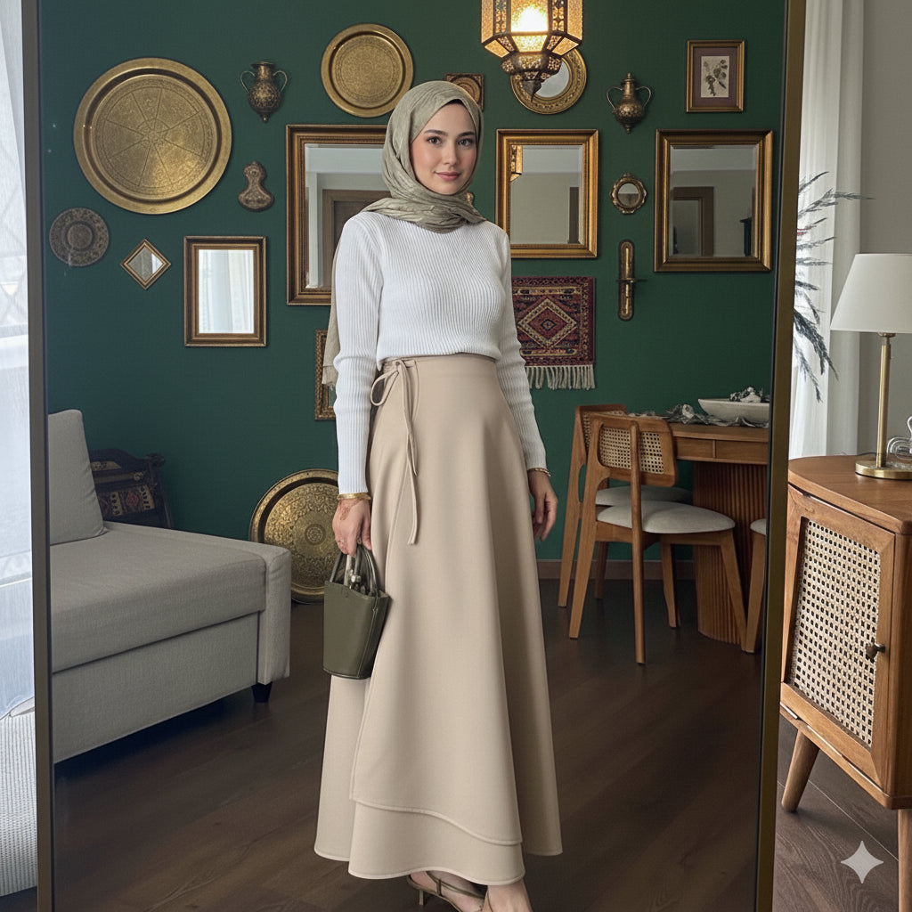 Yandan Bağlamalı Scuba Etek Bej