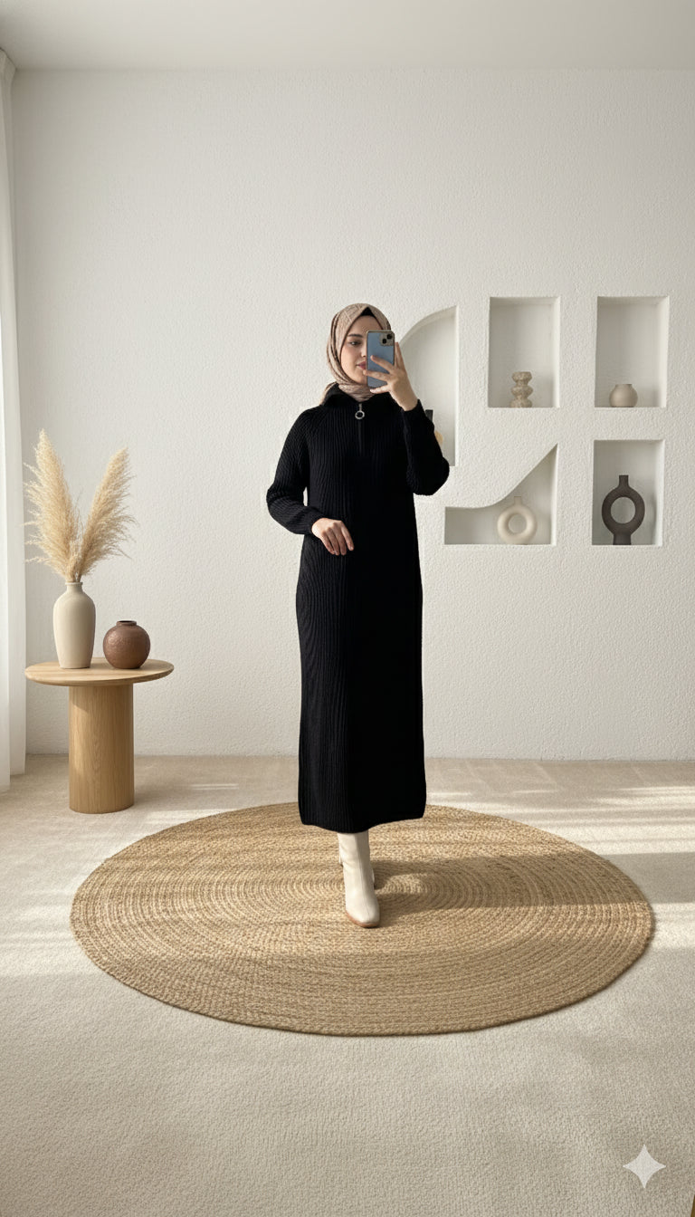 Fermuar Detaylı Triko Elbise Siyah