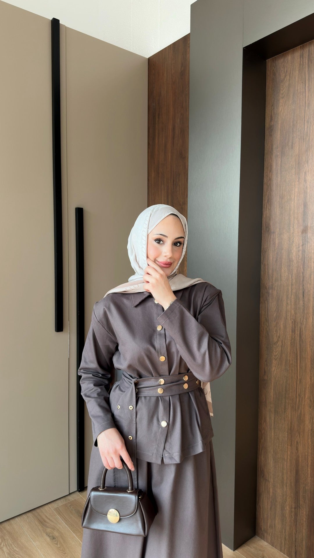 Dora Gold Düğmeli İkili Kot Takım Kahverengi