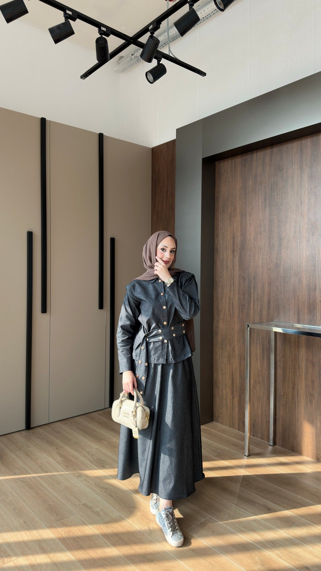 Dora Gold Düğmeli İkili Kot Takım Siyah