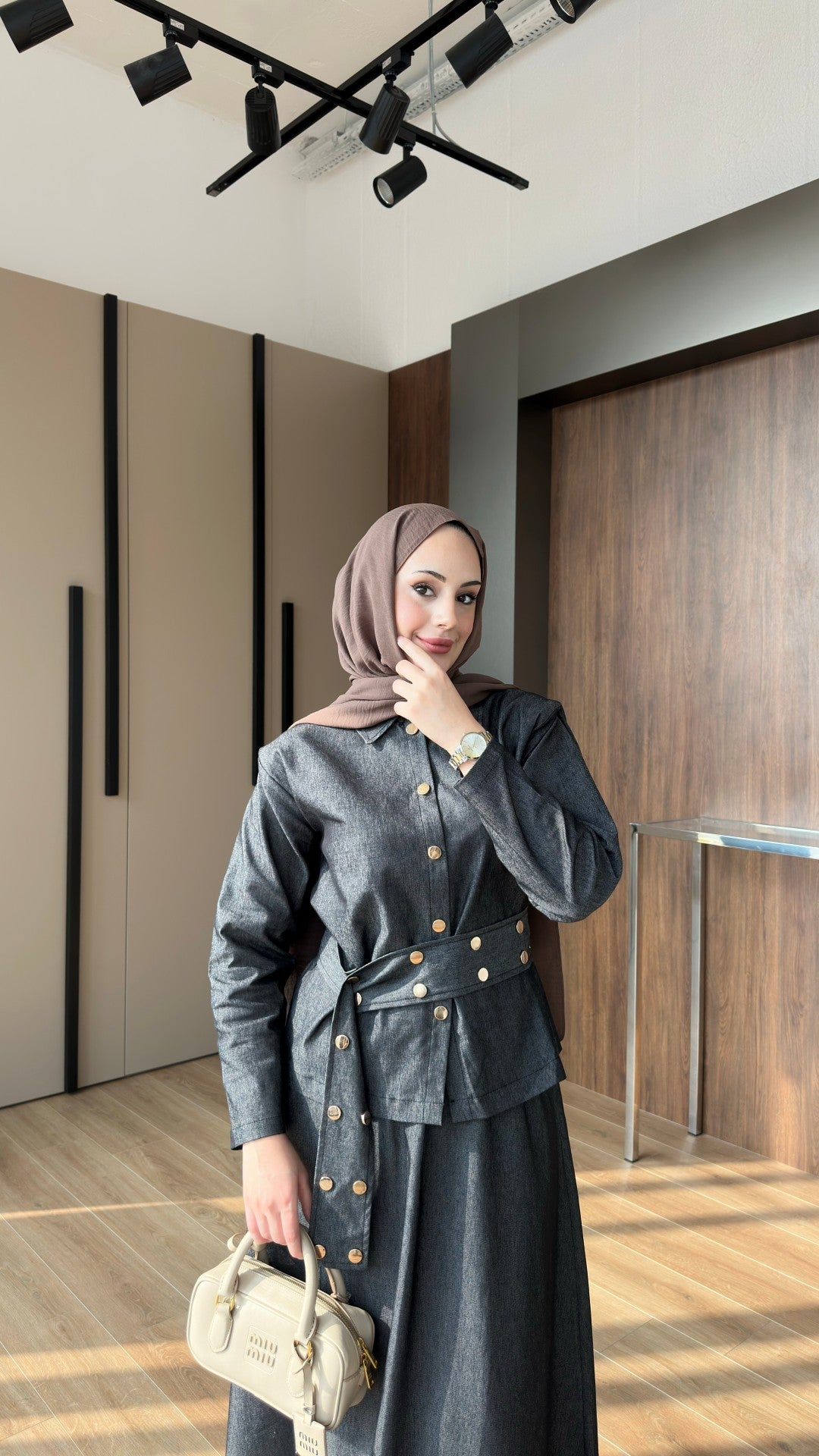 Dora Gold Düğmeli İkili Kot Takım Siyah