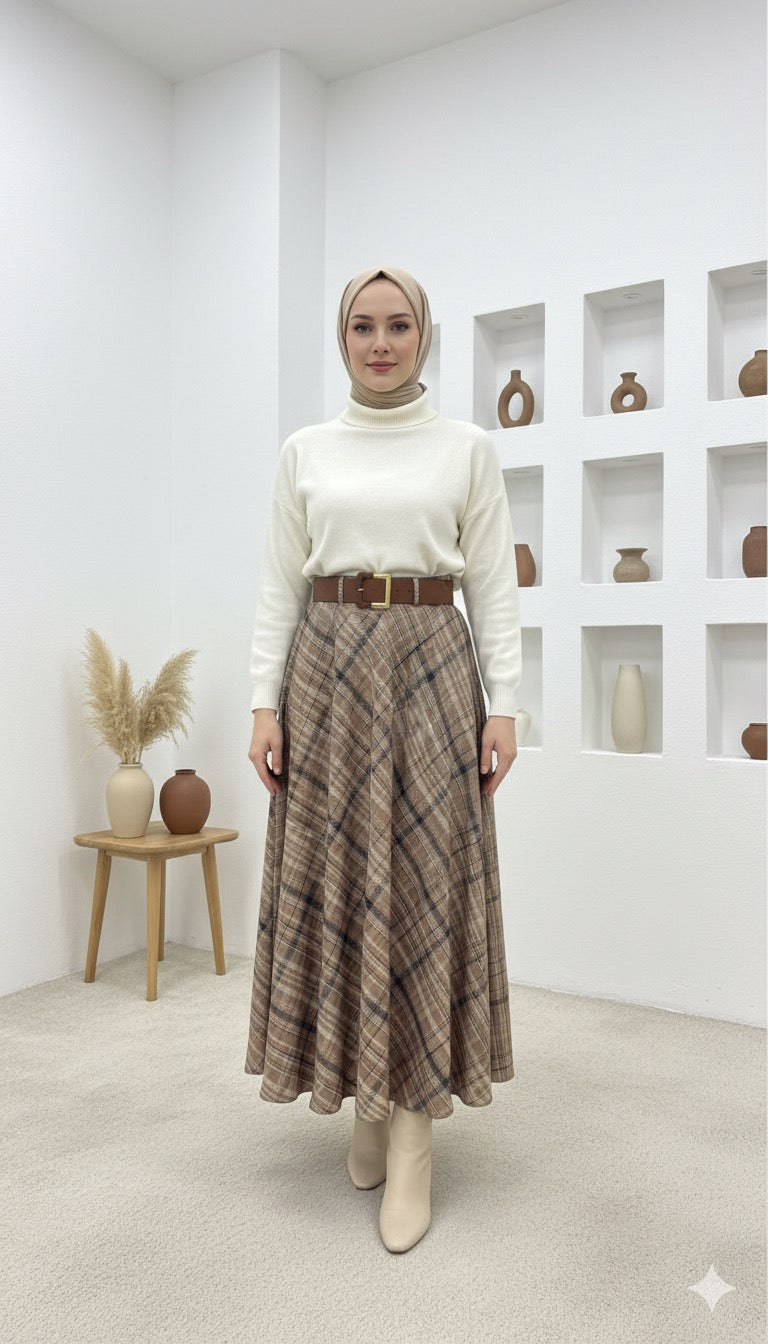 Yün Efekt Kumaş Ekose Etek Açık Kahve Kemer Hediyeli (Açıklamayı Okuyun)
