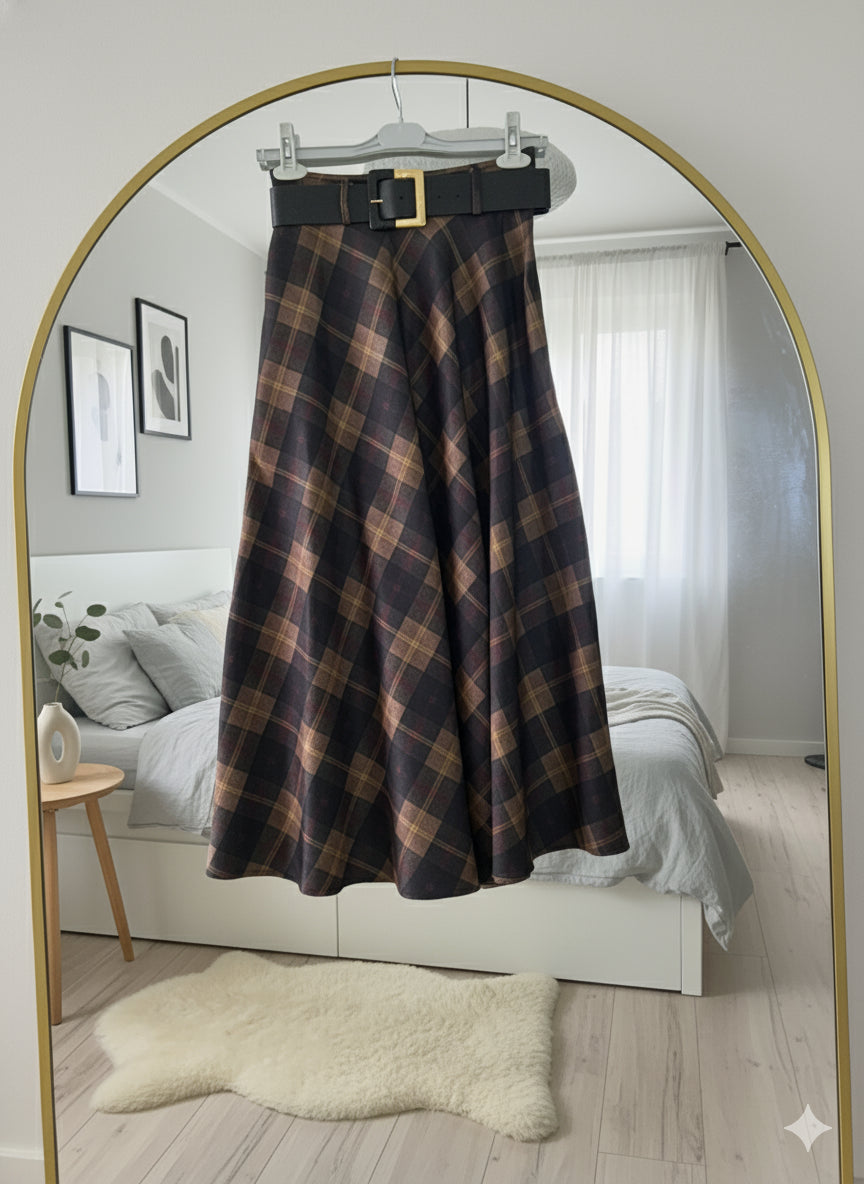 Efekt Kumaş Ekose Etek Acı Koyu Kahverengi Kemer Hediyeli (Açıklamayı Okuyun)