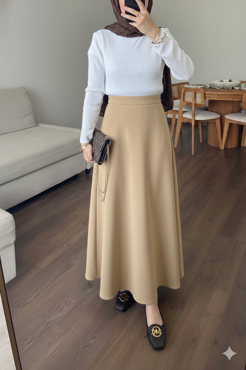 Beli Lastikli Scuba Kloş Etek Bej