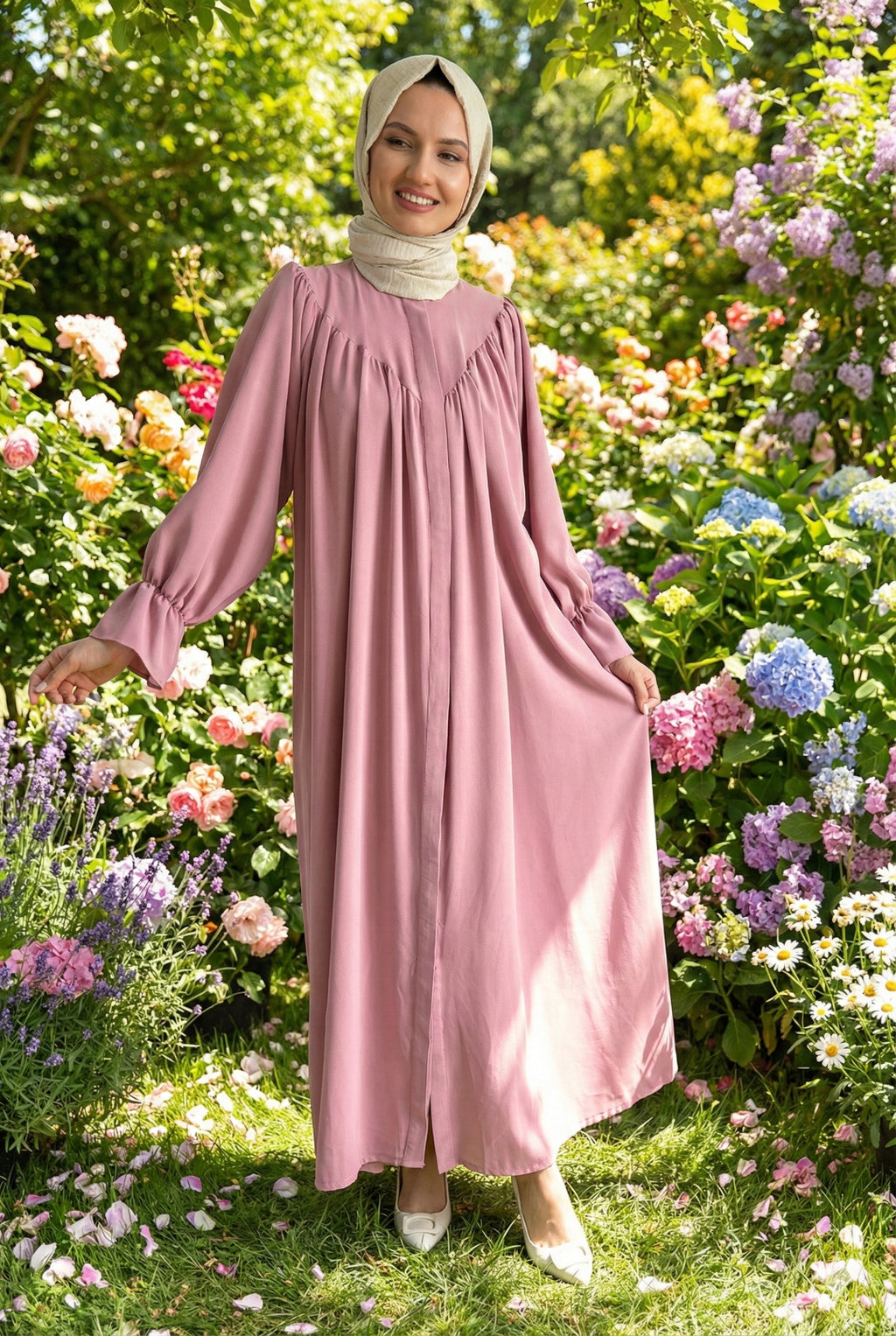 Nehir Kuşaklı Krep Tesettür Elbise – Pudra