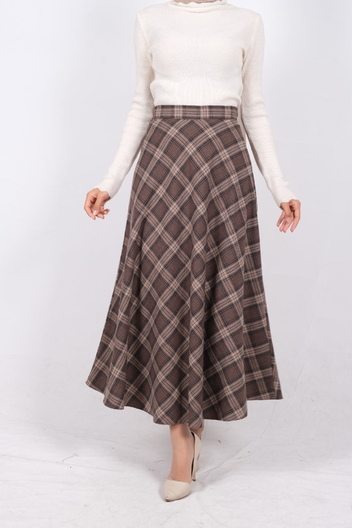 Ekose Kupra Modal Kumaş Kloş Etek Kahverengi