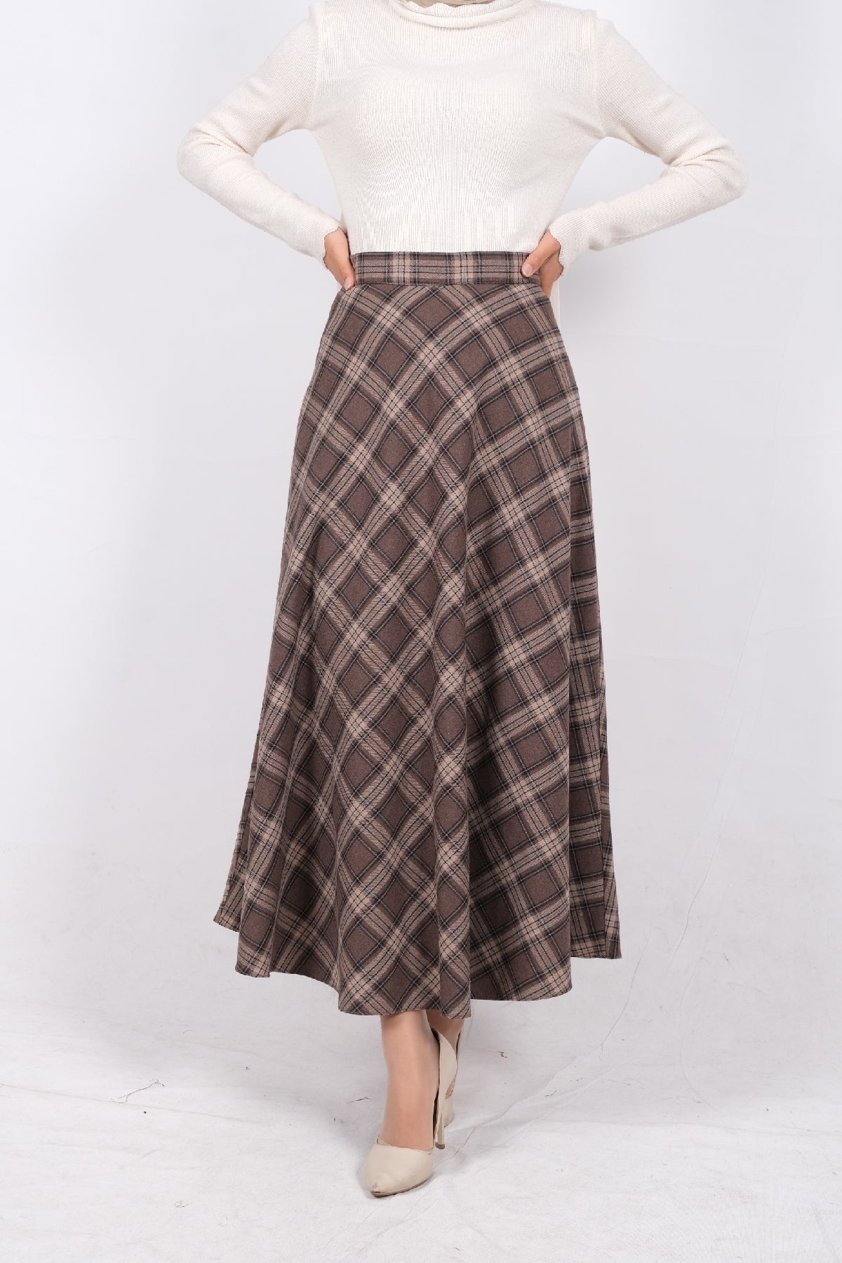 Ekose Kupra Modal Kumaş Kloş Etek Kahverengi