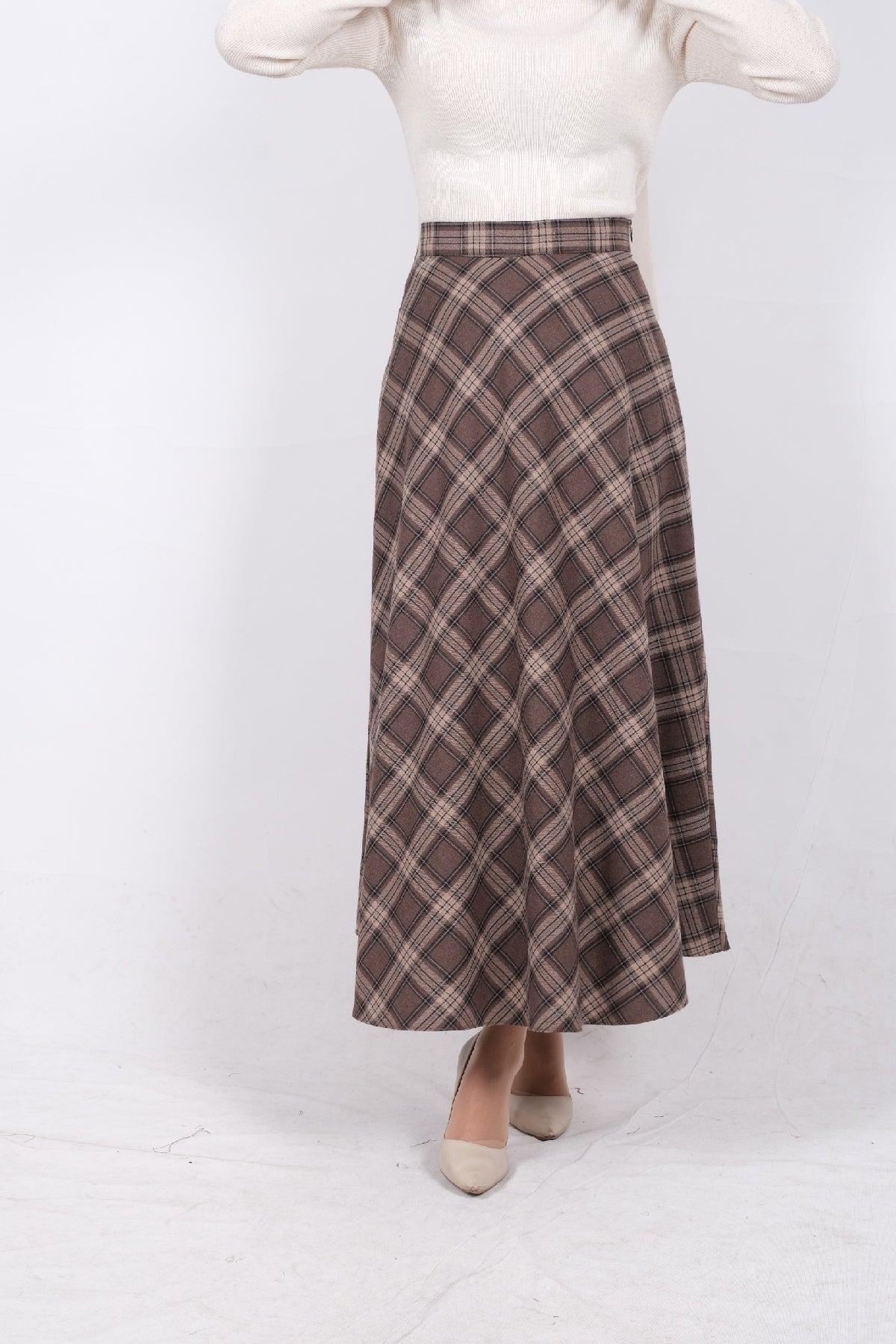 Ekose Kupra Modal Kumaş Kloş Etek Kahverengi