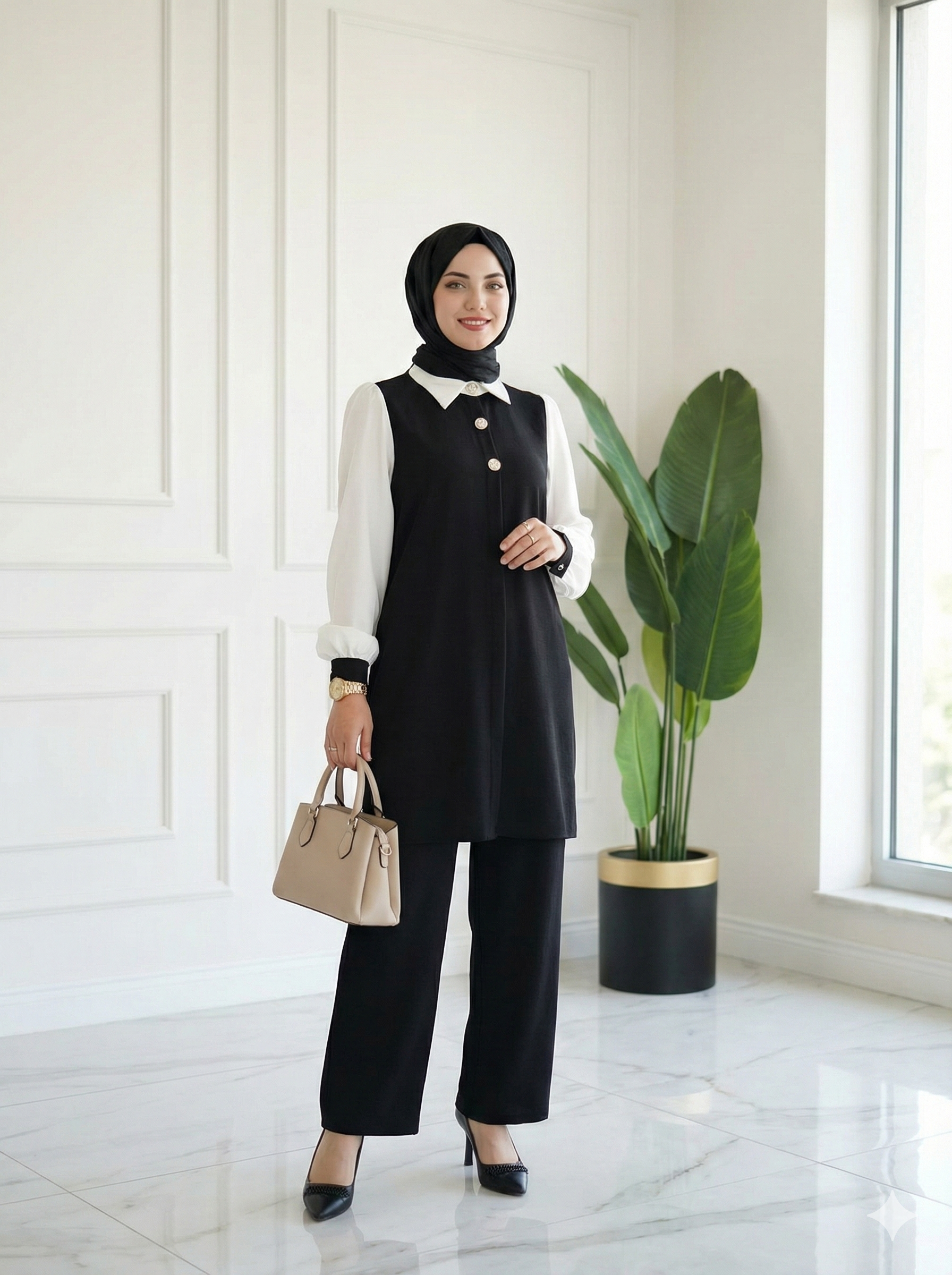 Şık Düğme Detaylı İkili Takım Siyah