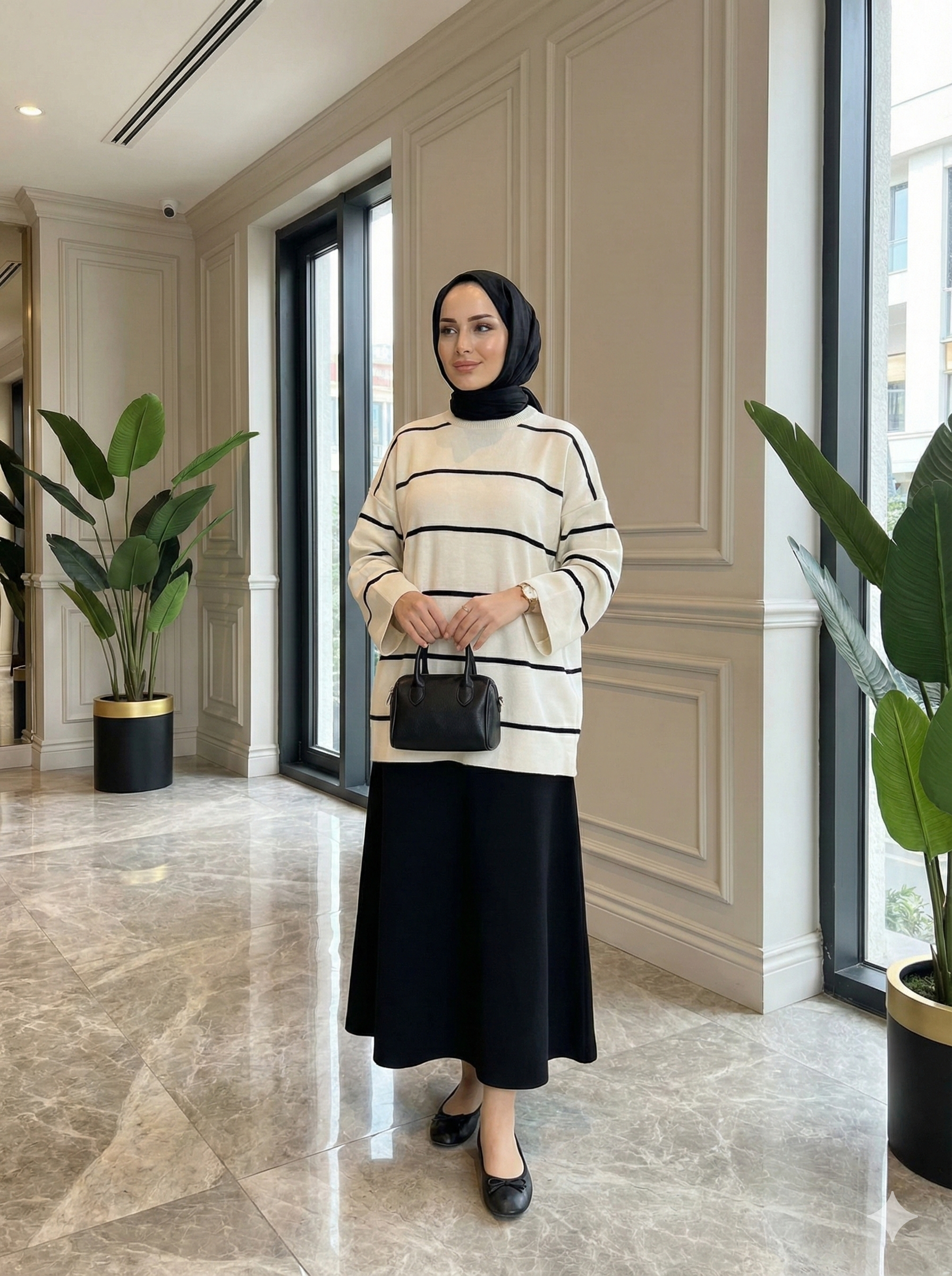 Çizgili Oversize Triko Kazak Beyaz