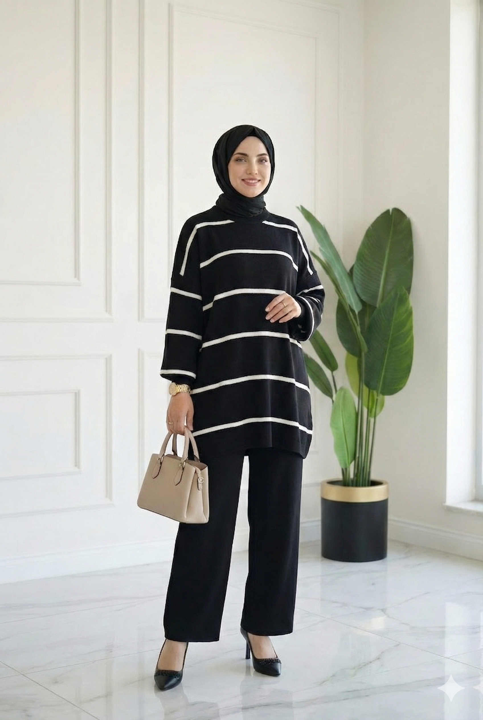 Çizgili Oversize Triko Kazak Siyah