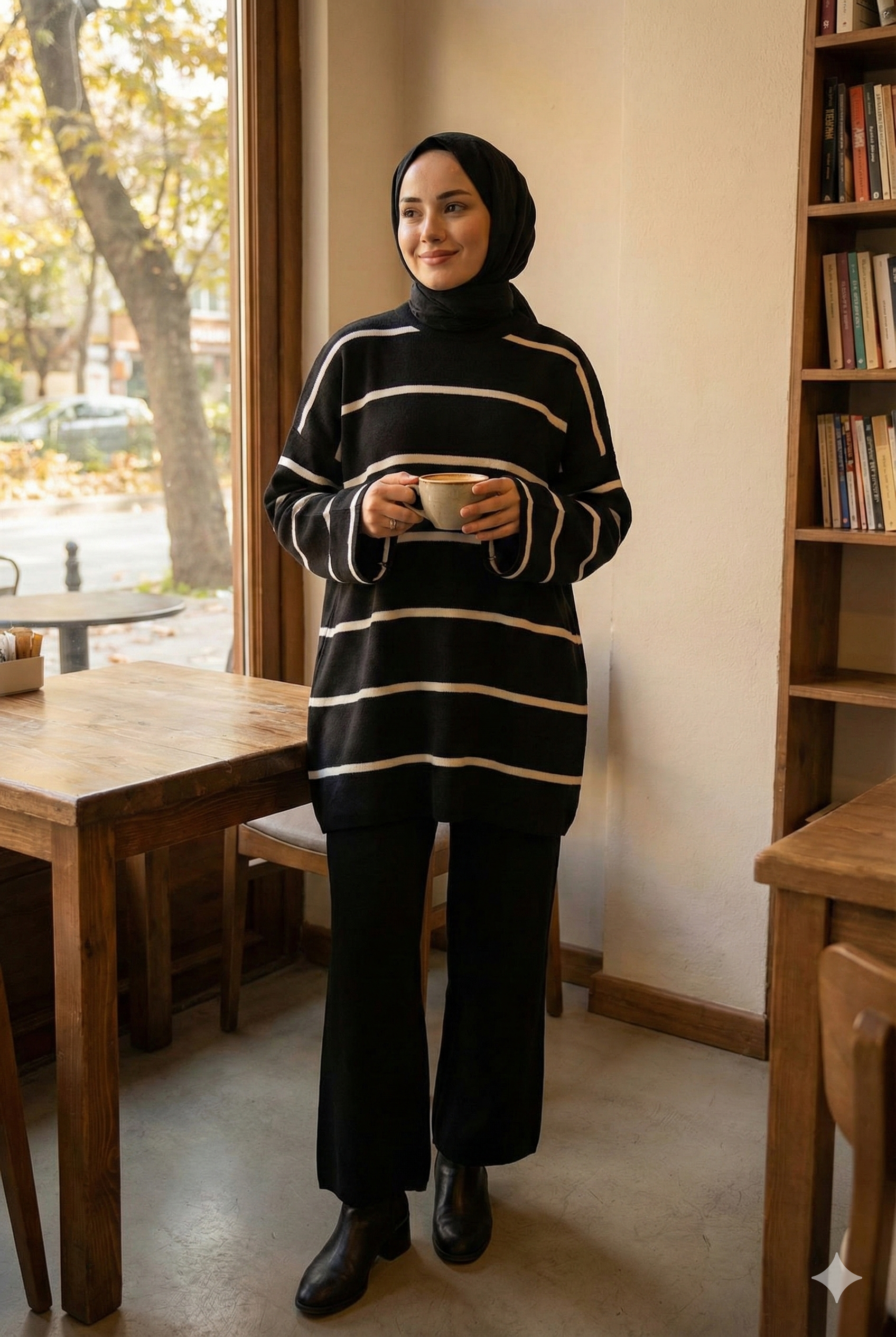 Çizgili Oversize Triko Kazak Siyah