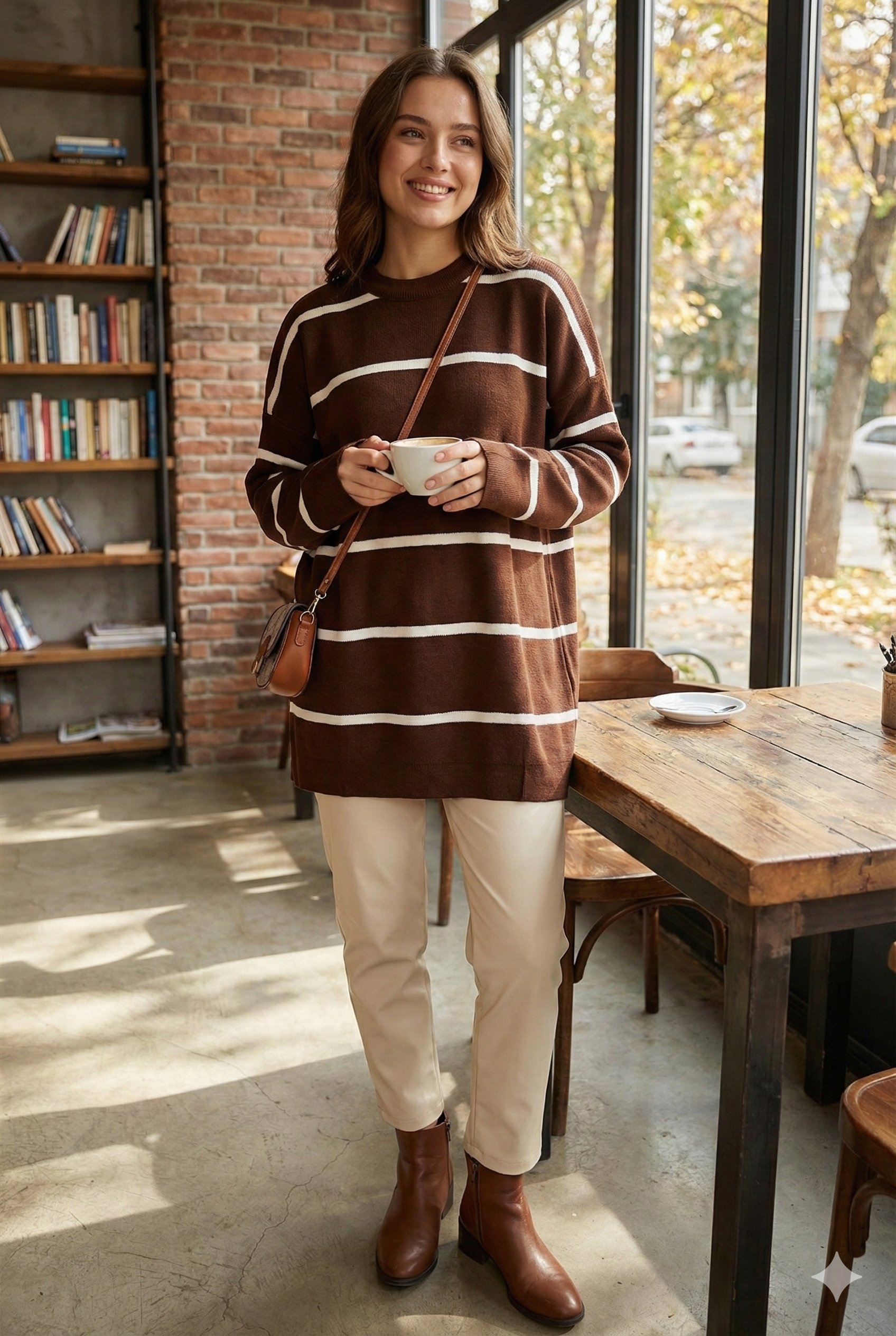 Çizgili Oversize Triko Kazak Kahve