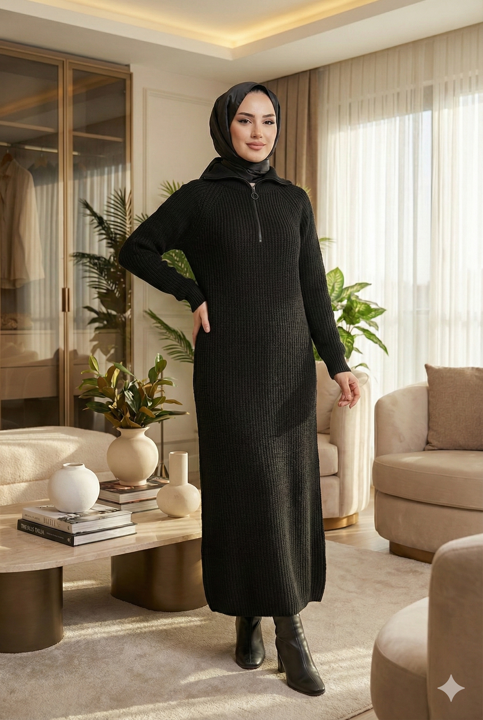 Fermuar Detaylı Triko Elbise Siyah