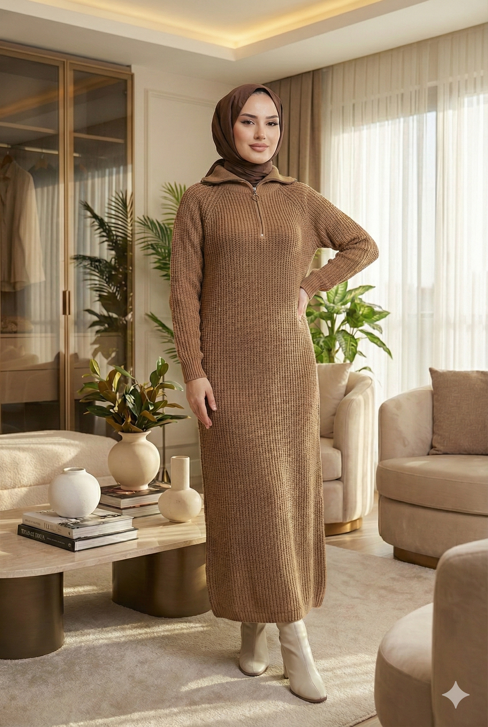 Fermuar Detaylı Triko Elbise Kahve