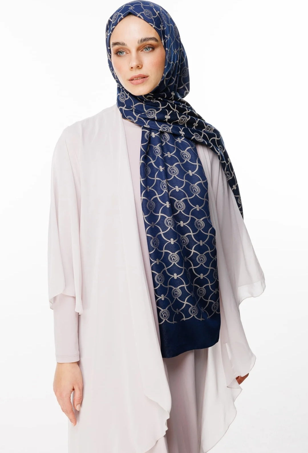 Marrakech Desen Çift Taraflı Şal Lacivert - Bej