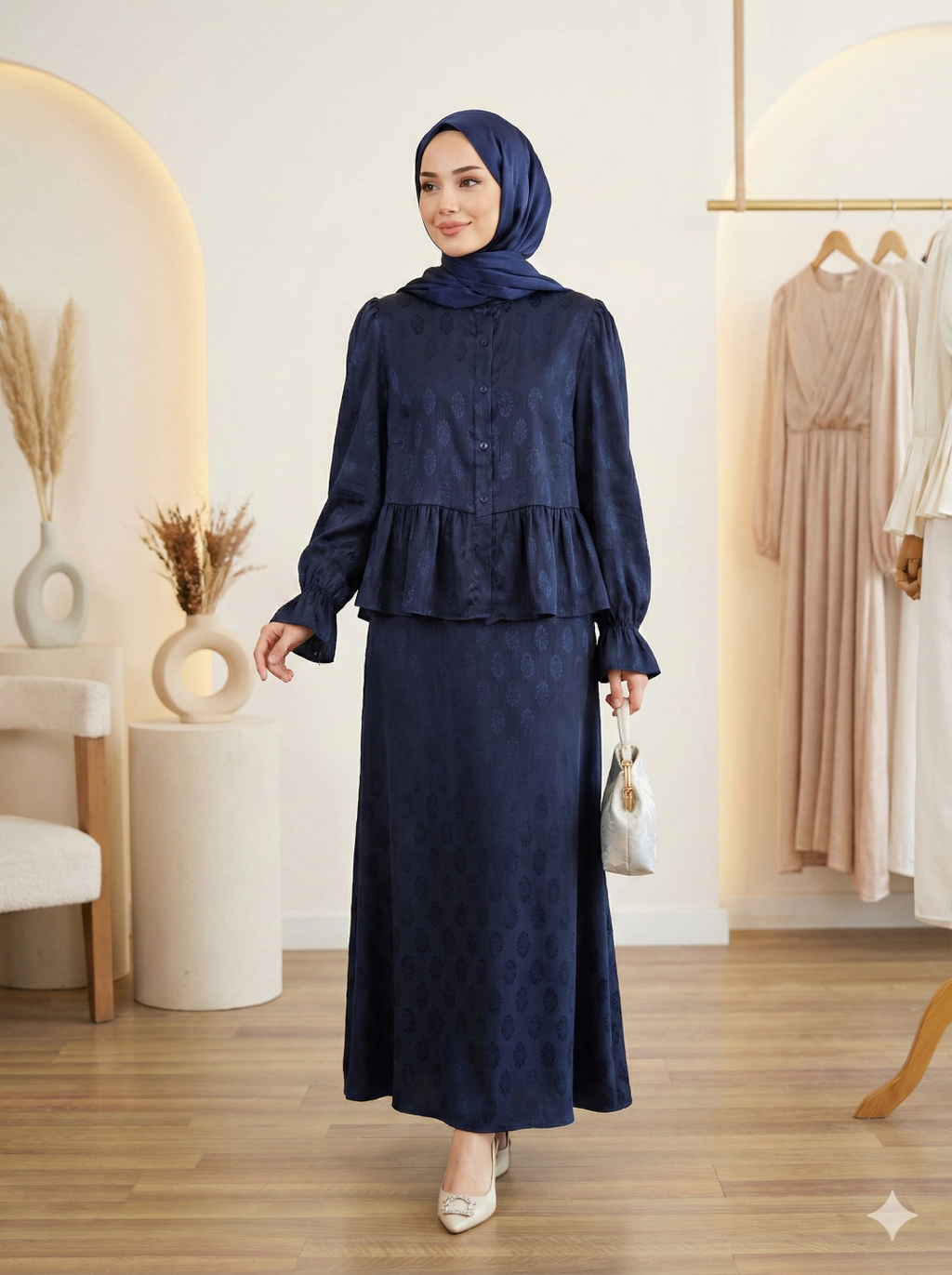 Elizan 2 Kendinden Desenli Önü Düğmeli Saten Takım - Lacivert