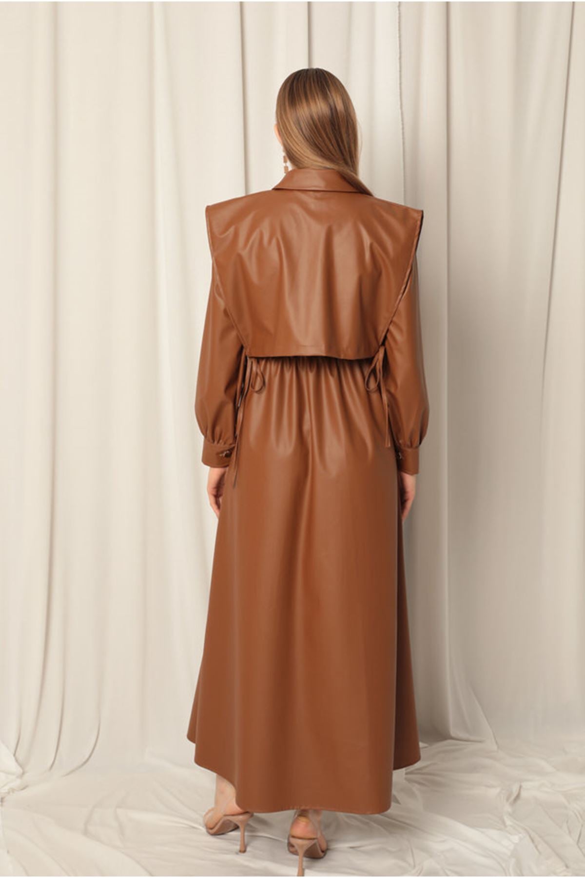 Deri Kumaş Kadın Camel Elbise